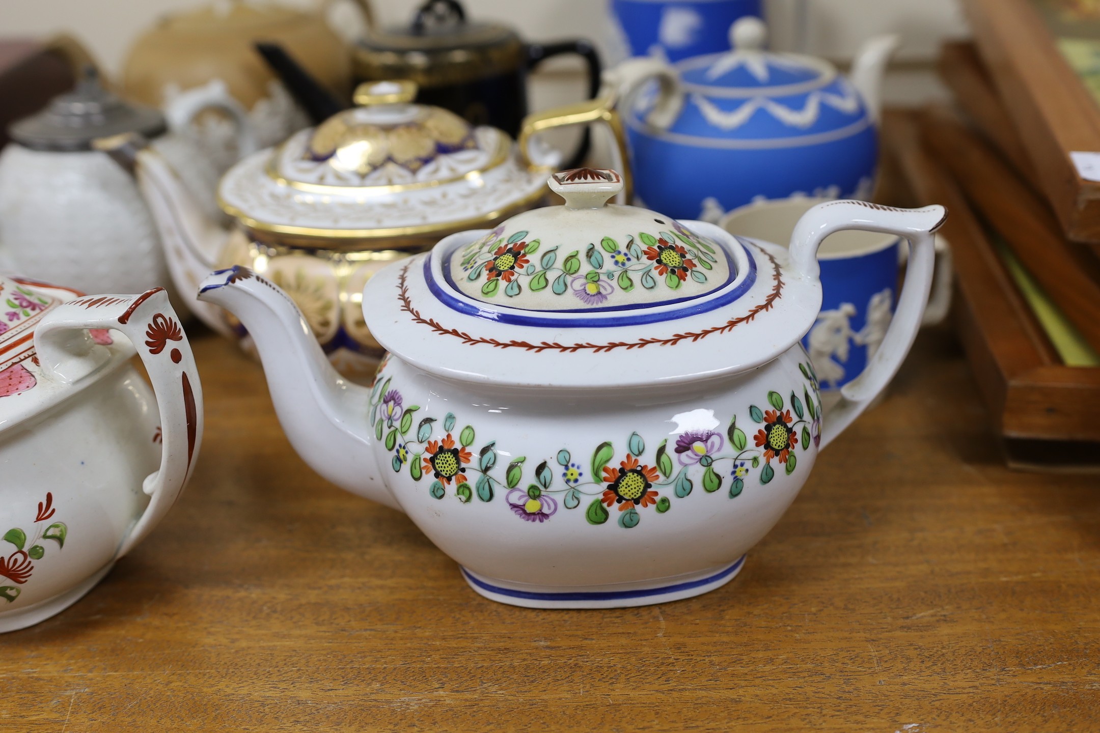 Two 19th century Copeland teapots, jug and mug, together with five other 19th century teapots, tallest jug 18cms high